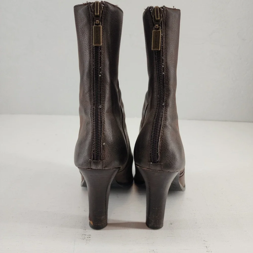 Candie's 8.5M | Brown Faux Leather Pointed Toe Back Zip Heeled Ankle Boots - Picture 5 of 8